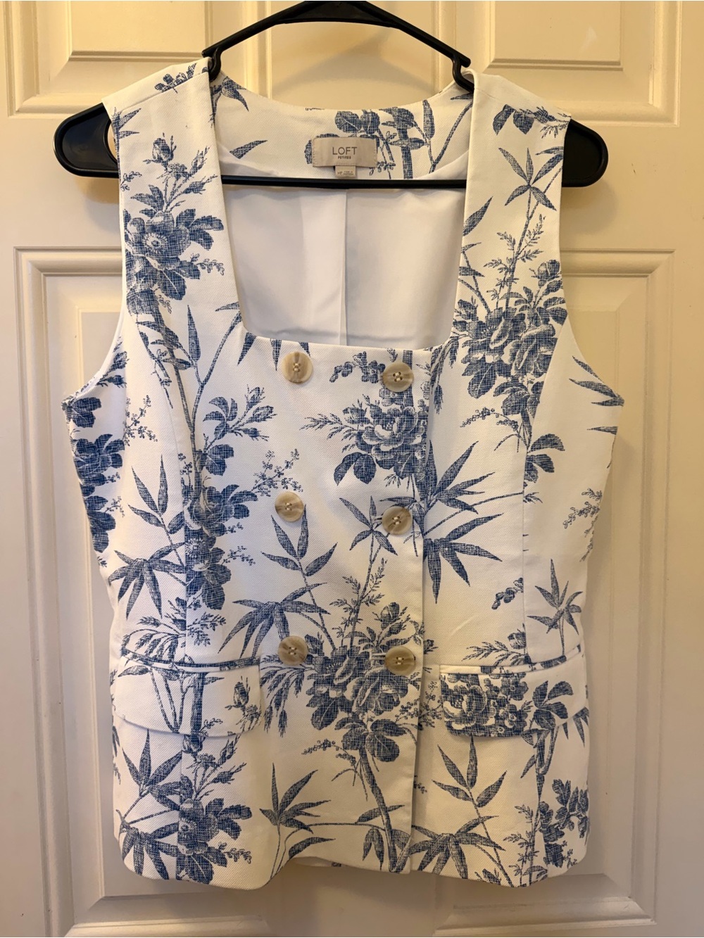 LOFT White & Blue Floral Double-Breasted Sleeveless Midi Dress